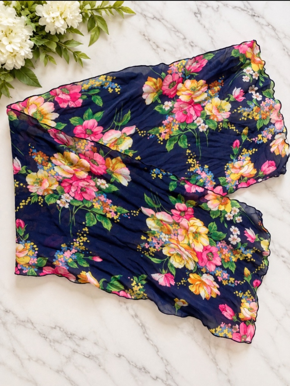 Vintage 60s 70s Sheer Navy Floral Scarf Long Retro Flower Power Scarf